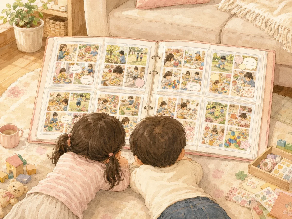 開いたアルバムをのぞき込む子どもたち