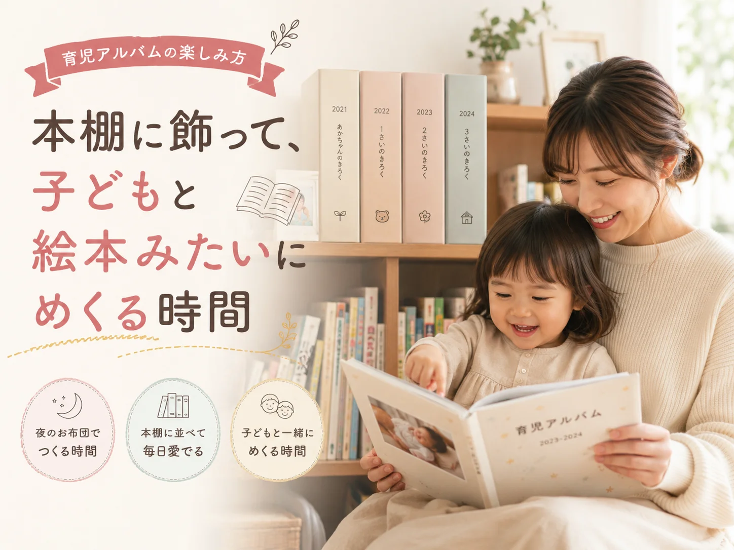 育児アルバムの楽しみ方|本棚に飾って、子どもと絵本みたいにめくる時間