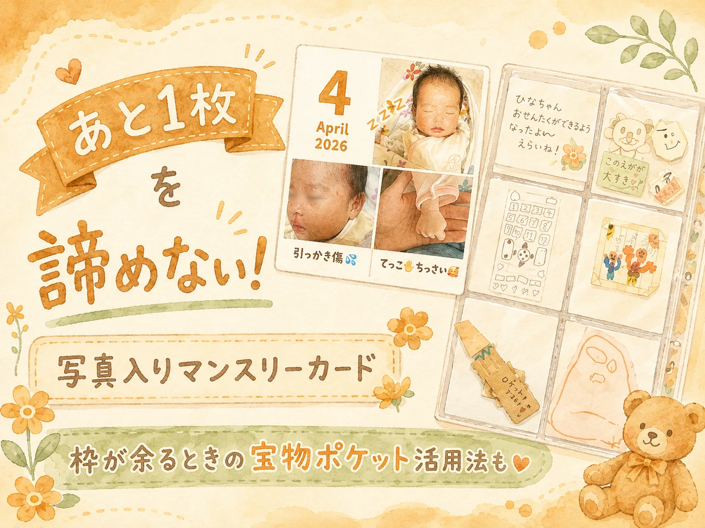 【あと1枚】を諦めない！写真入りマンスリーカード｜枠が余るときの宝物ポケット活用法も｜よくばりアルバムSTEP6-3