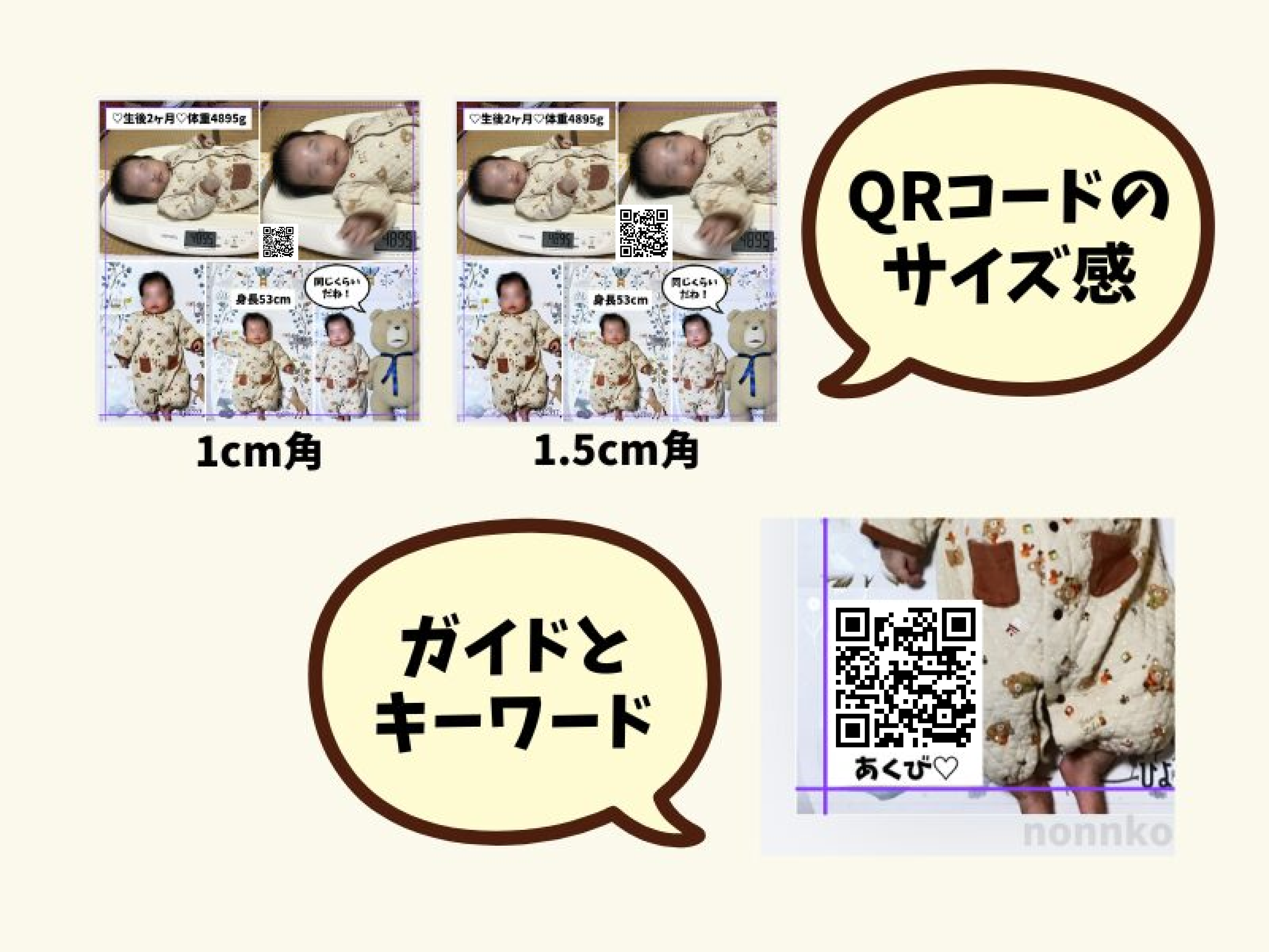 QRコードの1cm角と1.5cm角の比較、ガイド線とキーワードの配置例